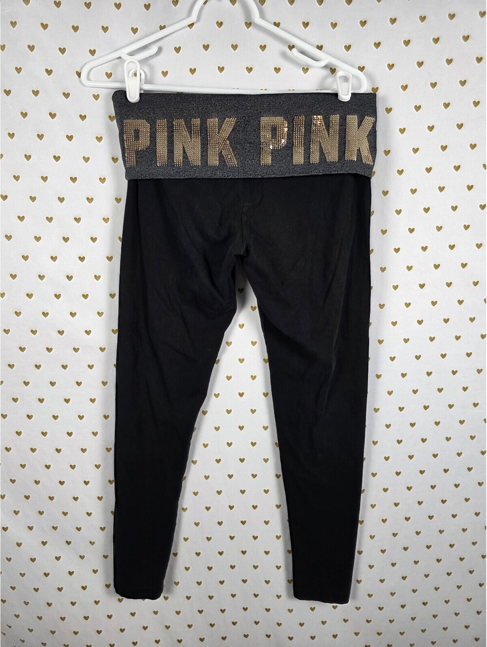 Victorias Secret PINK BLING GOLD SEQUIN Vintage Y2k Foldover Yoga Pants Ankle M